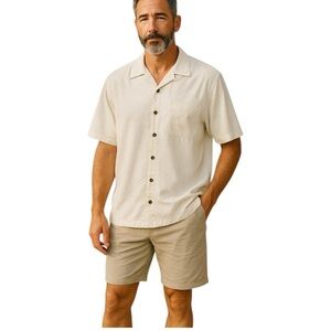 Boundary Bay Silk Button Down Shirt Cream Short Sleeve 2XL Palm Leaves Hawaiian